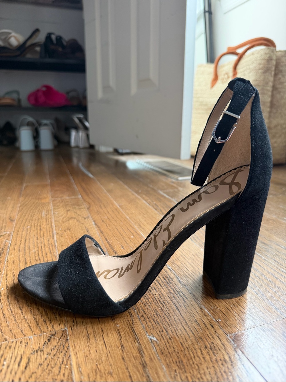 Sam Edelman Black Suede Open-Toe Block Heel Sandal